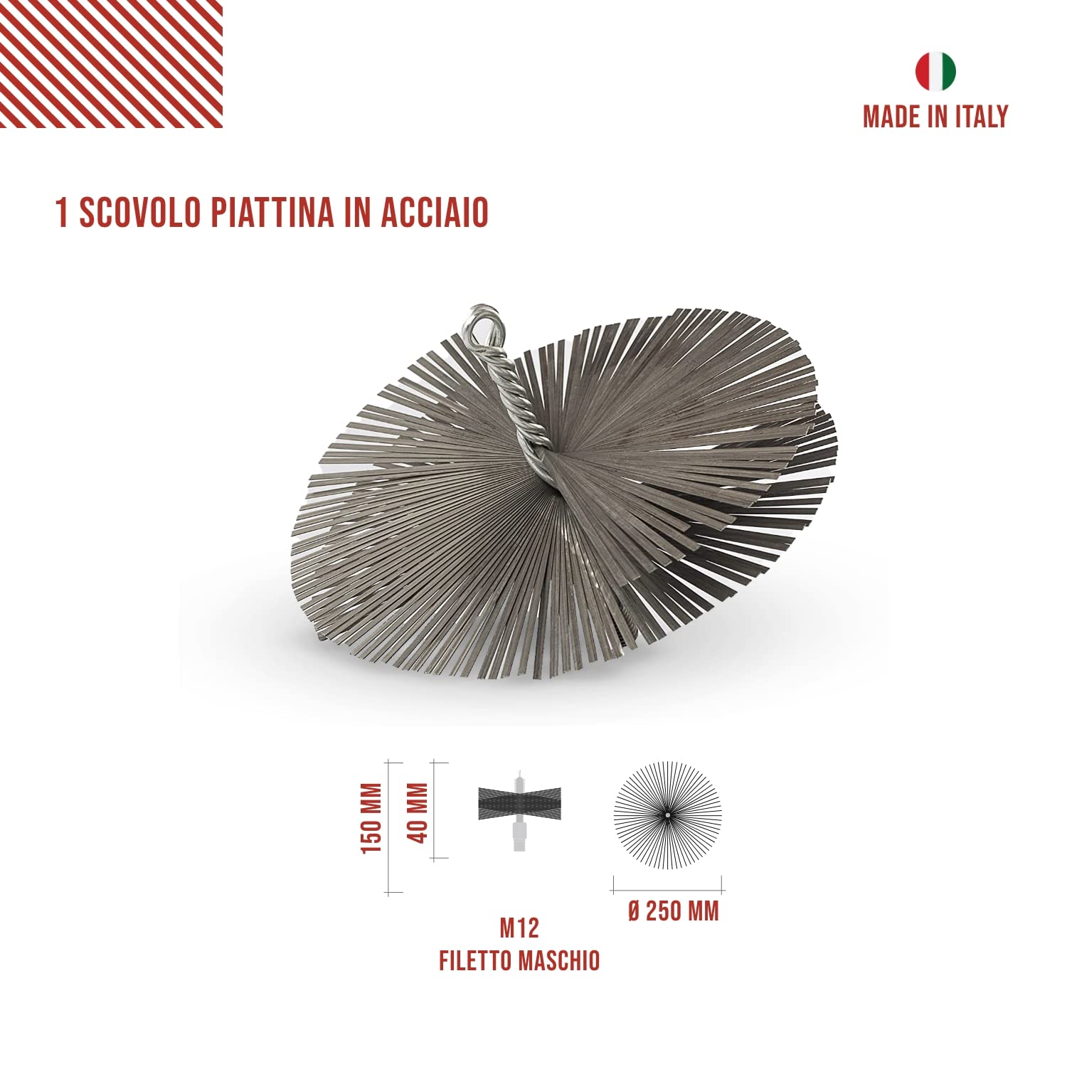 BARETTO Fireplace and Flue Cleaning Kit Ø 250 mm | Steel Brush | 6 m Poles with 45° Curvature | Crustation Removal, Chimney Sweep | Multipurpose Brush and Brush - 4