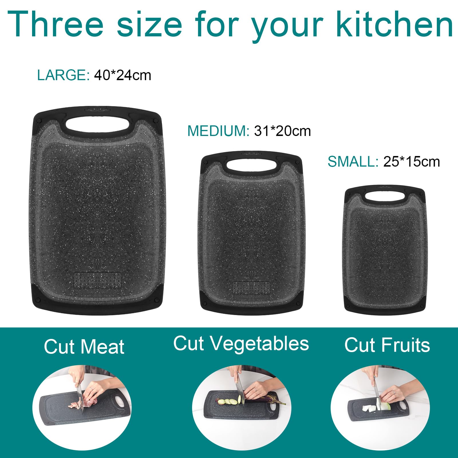 Tabla Cortar Cocina, Set 3 Tablas de Cortar de Plástico-40 x 24 cm/31 x 20 cm/25 x 15 cm, Sin BPA Con Ranura para Jugo y Prensa de Ajos, Tabla de cortar antibacteriana para Verduras, Frutas, Carnes