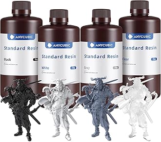 ANYCUBIC 3D Printer Resin Bundle, 405nm High Precision Fast Curing UV Photopolymer Resin for LCD 3D Printing, Grey+Clear+White+Black,1kg per Bottle, 4kg in Total