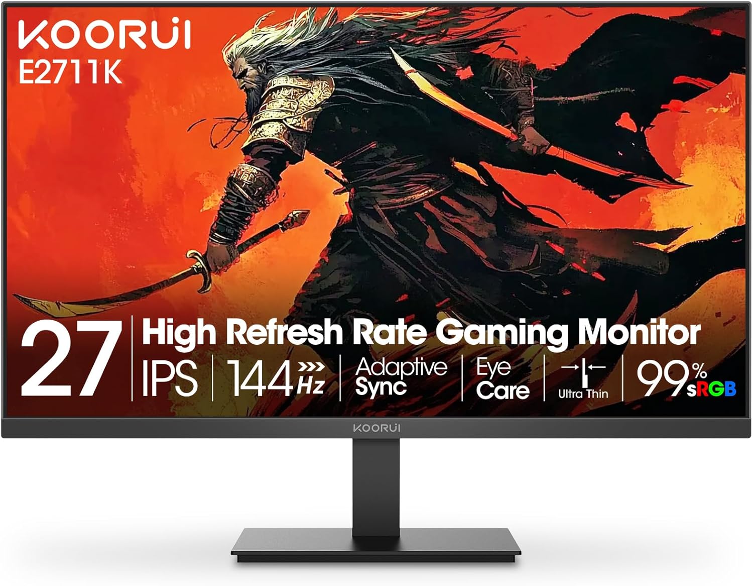 KOORUI Monitor, 27 Inch Gaming Office Monitor, Eye-Care IPS FHD 1080P 144Hz Computer Screen with HDMI VGA, Slim Bezels, Freesync, Ergonomic Tilt, VESA Mountable, Black