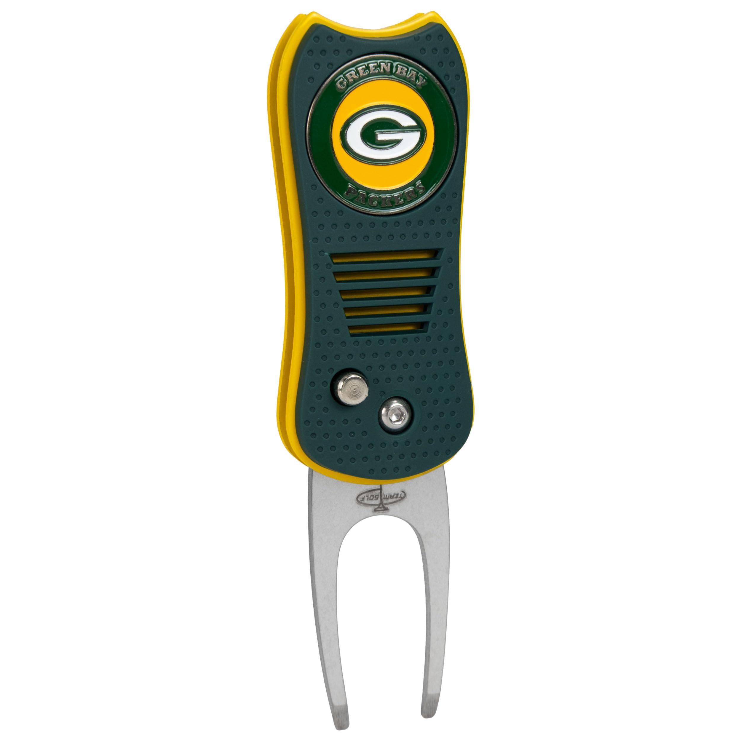 Team Golf NFL Green Bay Packers Switchblade Divot Tool with Double-Sided Magnetic Ball Marker, Features Patented Single Prong Design, Causes Less Damage to Greens, Switchblade Mechanism
