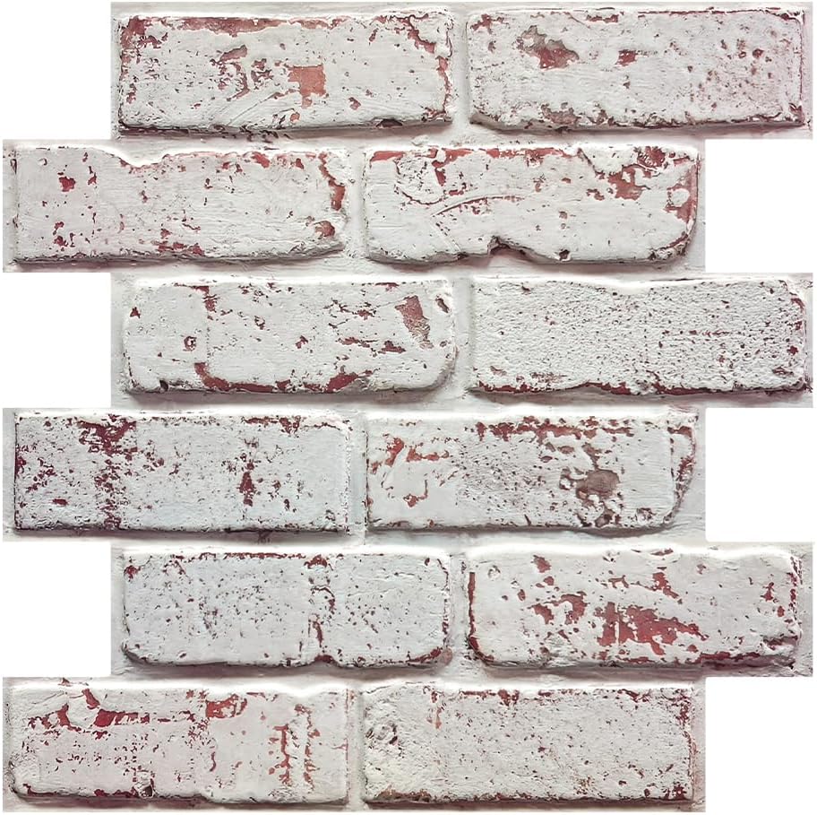Commomy Faux Brick Peel and Stick Tiles - 10 pcs of 11.8" x 11.8" Small Size Thin PVC 3D Brick Wall Panels Whitewash Brick Backsplash for Kitchen, Living Room, Fireplace, Bedroom, Interior Wall Decor