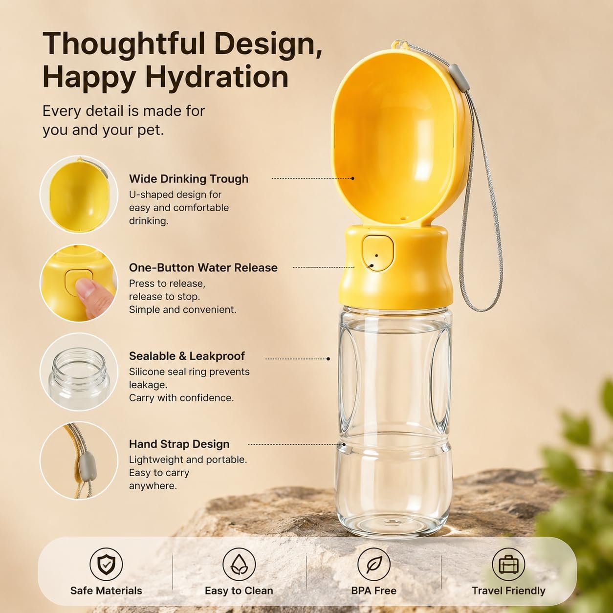 Bebedero para mascotas al aire libre de 500 ml, diseño a prueba de fugas, color amarillo para mascotas, bebedero para exterior, 500 ml de capacidad, bebedero para mascotas, color amarillo