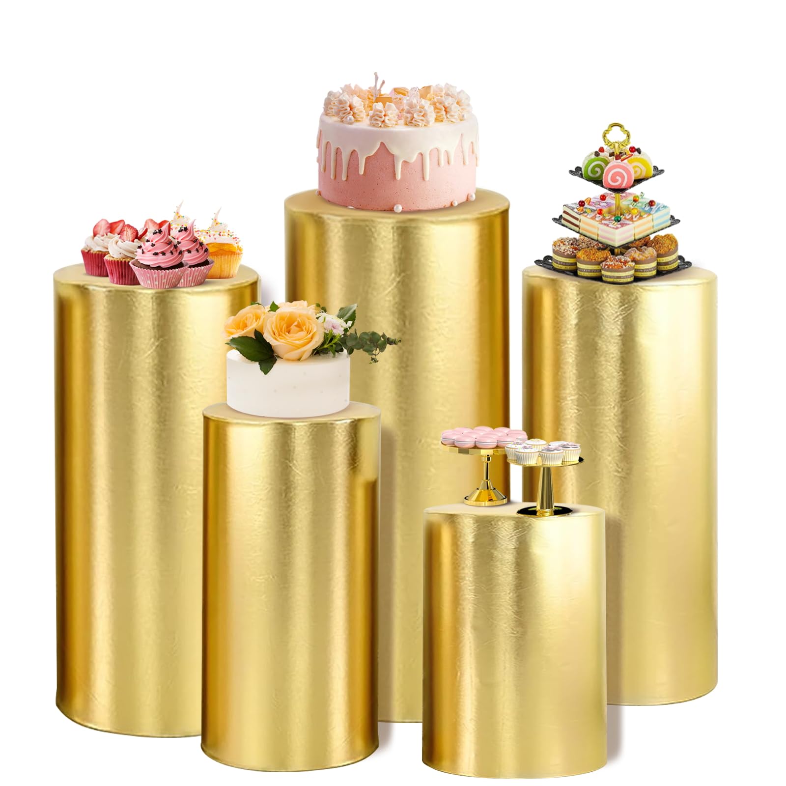 Set of 5 Spandex Cylinder Pedestal Stand Covers Gold Round Cylinder Tables Covers Cylinder Plinth Display Box Stand Covers for Party Wedding Baby Shower Birthday Decor (Cylinder Stands not included)