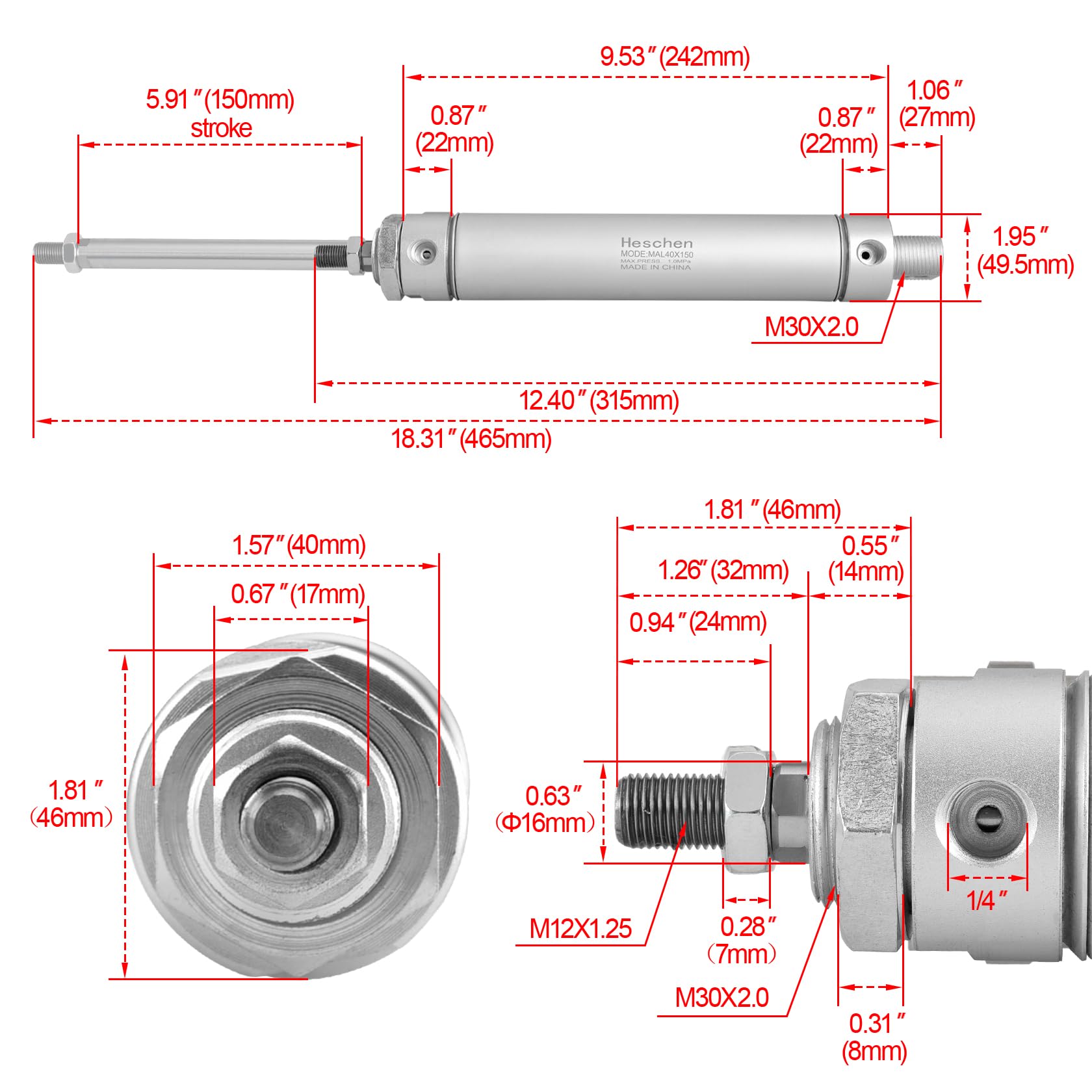 Heschen Pneuatic sli Air Cylinder AL 40-50 PT1/4 port 40 Bore 50
