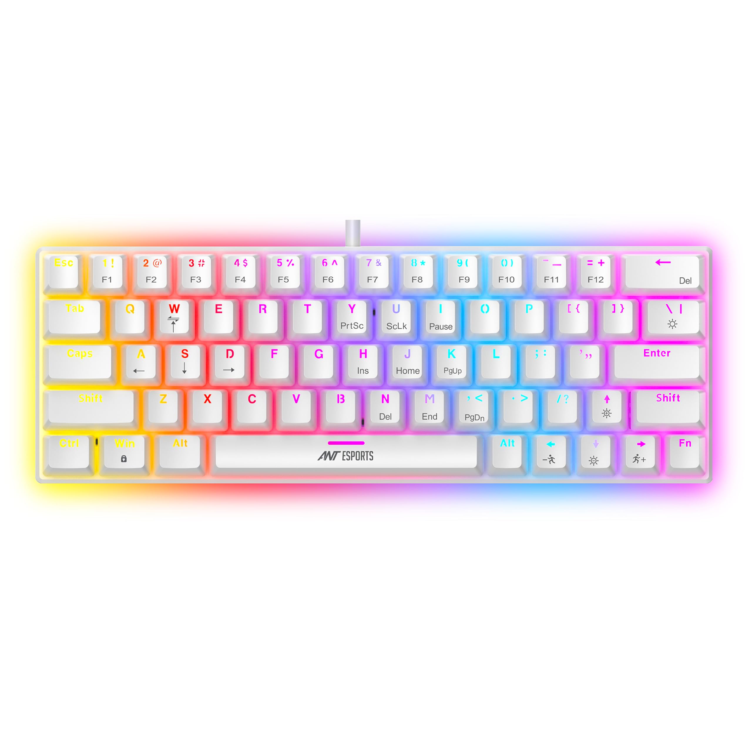 Ant Esports MK1200 Mini 60% Wired Mechanical Gaming Keyboard – Red Switch, Rainbow Backlit, 61 Keys, Anti-Ghosting, USB, Compact TKL – Compatible with Windows, macOS, PS5, Xbox, Laptop & PC (White)
