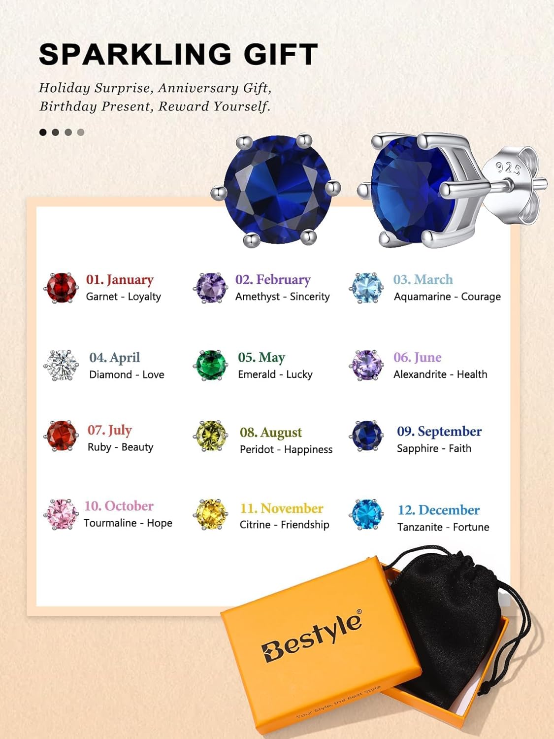 Bestyle 925 Sterling Silver 2CT Birthstone Stud Earrings for Women, Hypoallergenic Heart/Round/Square Cubic Zirconia Earrings Dainty Jewelry Gifts for Birthday,Christmas,Valentine's Day - Image 7