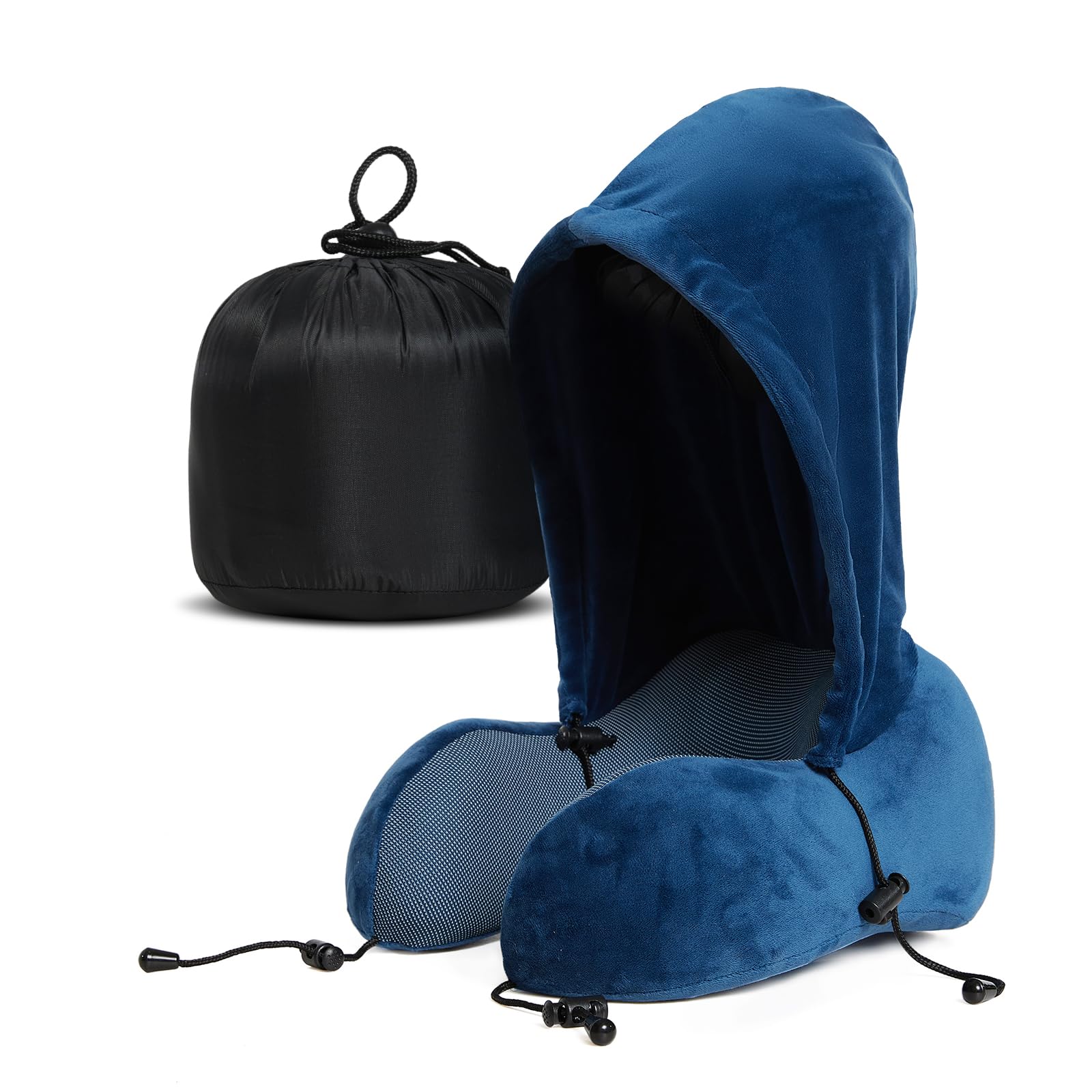 Ustenroya Hooded Travel Neck Pillow with 100% Pure Memory Foam - Ergonomic Support for Airplane, Car, Office, Train & Long Flights | Portable Sleeping Aid (Blue)