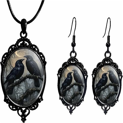 Gothic Halloween Earring Necklace Set for Women,Vintage Crow Bat Vampire Glass P