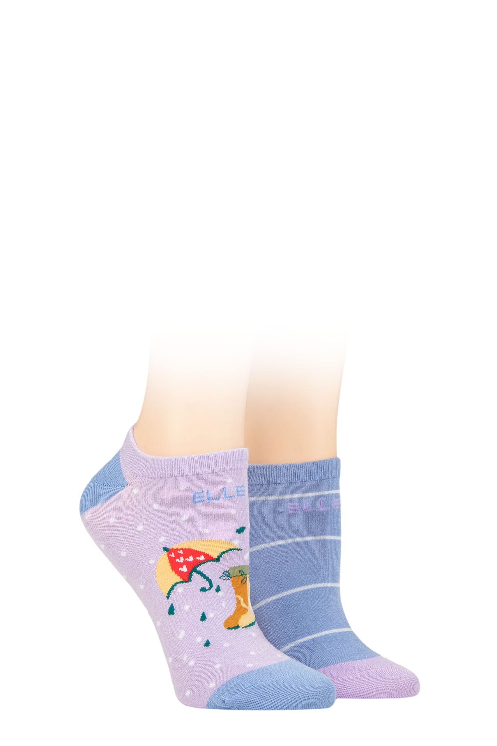 ELLE Ladies Plain Patterned and Striped Bamboo No Show Socks Pack of 2 Bluebell Patterned 4-8