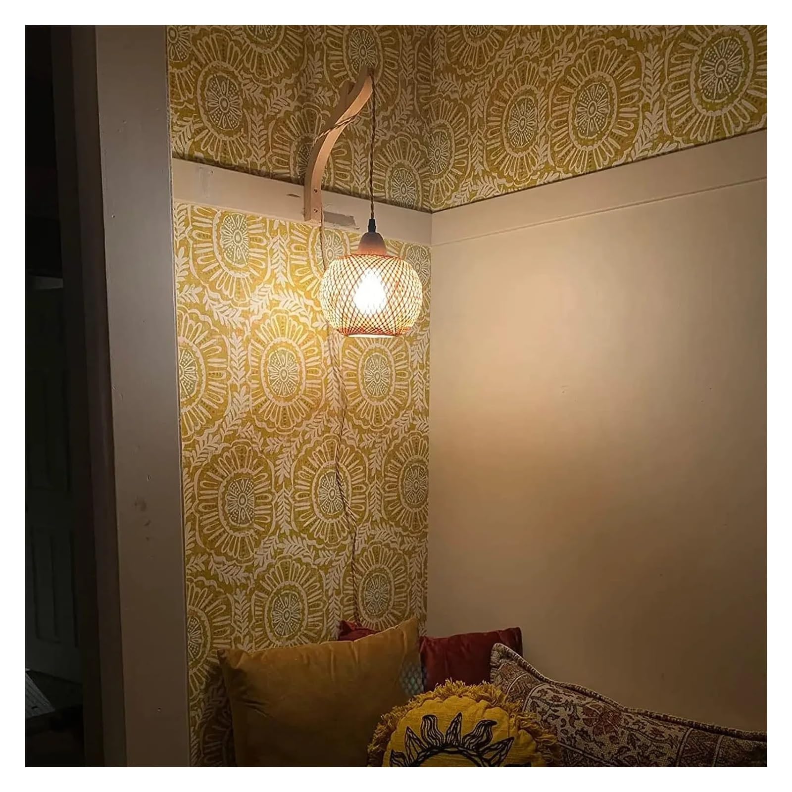 Lampada Da Parete A Lanterna In Bambù, Lampadari In Vimini E Rattan Naturale, E27, Paralumi In Intrecciato A Mano, Lampade Regolazione Flessibile(Wood - No light -A)