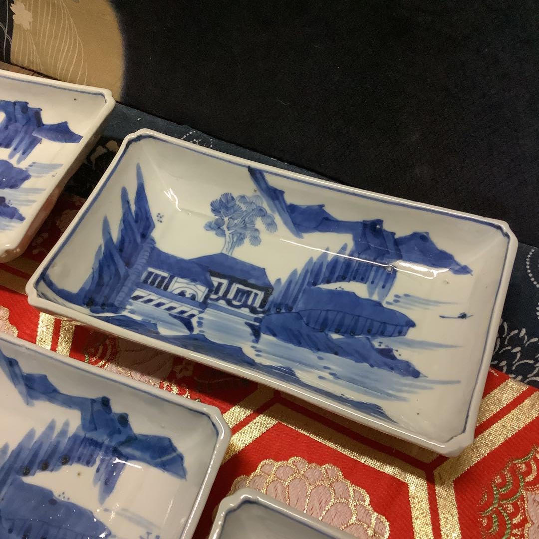 古伊万里　長皿　長方皿　山水楼閣　絵皿　5客　李朝・輪島・九谷焼・輪島塗好き 古伊万里 長皿 長方皿 山水楼閣 絵皿 5客 李朝・輪島・