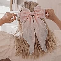 Vista 2 de 2 pinzas para el cabello con lazo grande, pasador francés de cola larga para mujeres y niñas, accesorios de cabello suave rosa y beige