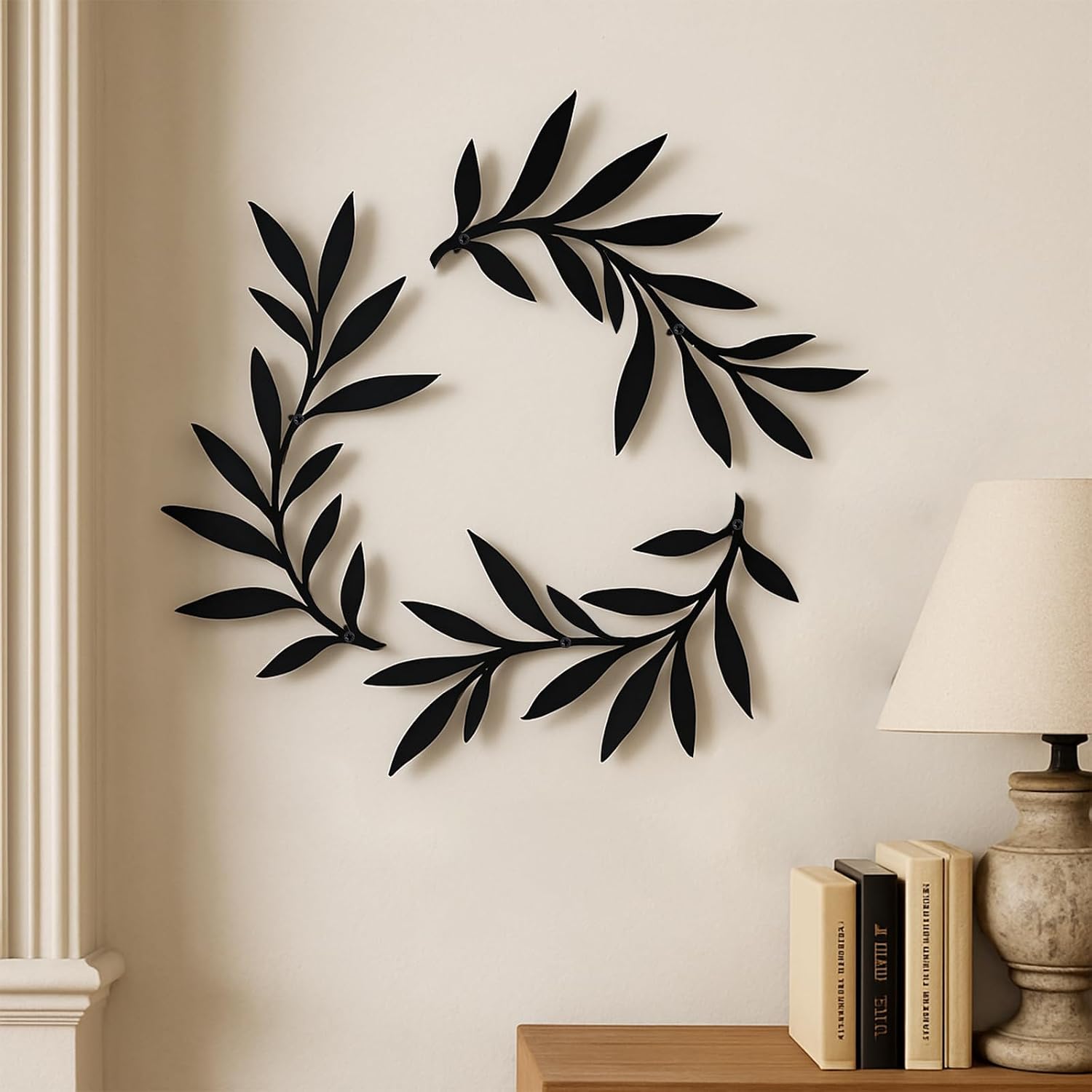 Metal Wall Art Olive Branch Decor, 15.35x12.2 Inch, 3 Piece Set with Mounting Tools, Black Modern Decorative Leaves for Bathroom, Bedroom, Living Room, Bar