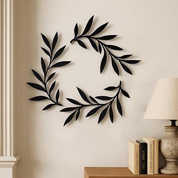 Metal Wall Art Olive Branch Decor, 15.35x12.2 Inch, 3 Piece Set with Mounting Tools, Black Modern Decorative Leaves for Bathroom, Bedroom, Living Room, Bar