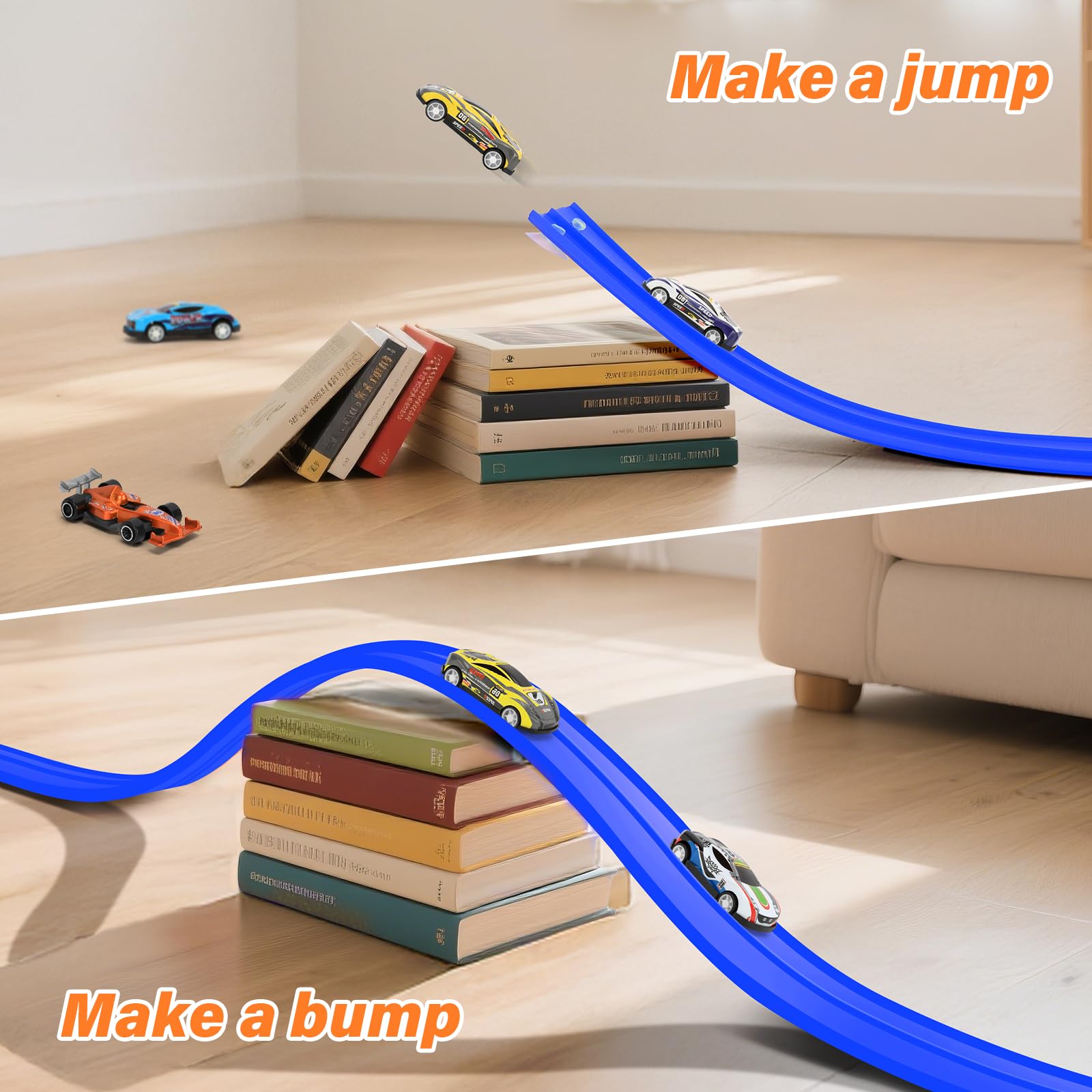 KETIEE Pista Per Auto Flessibile 5 Metri Con 4 Macchinine E Ventose – Rampa Con Loop E Salti – Giocattolo Portatile Per Bambini 3+ (Blu)
