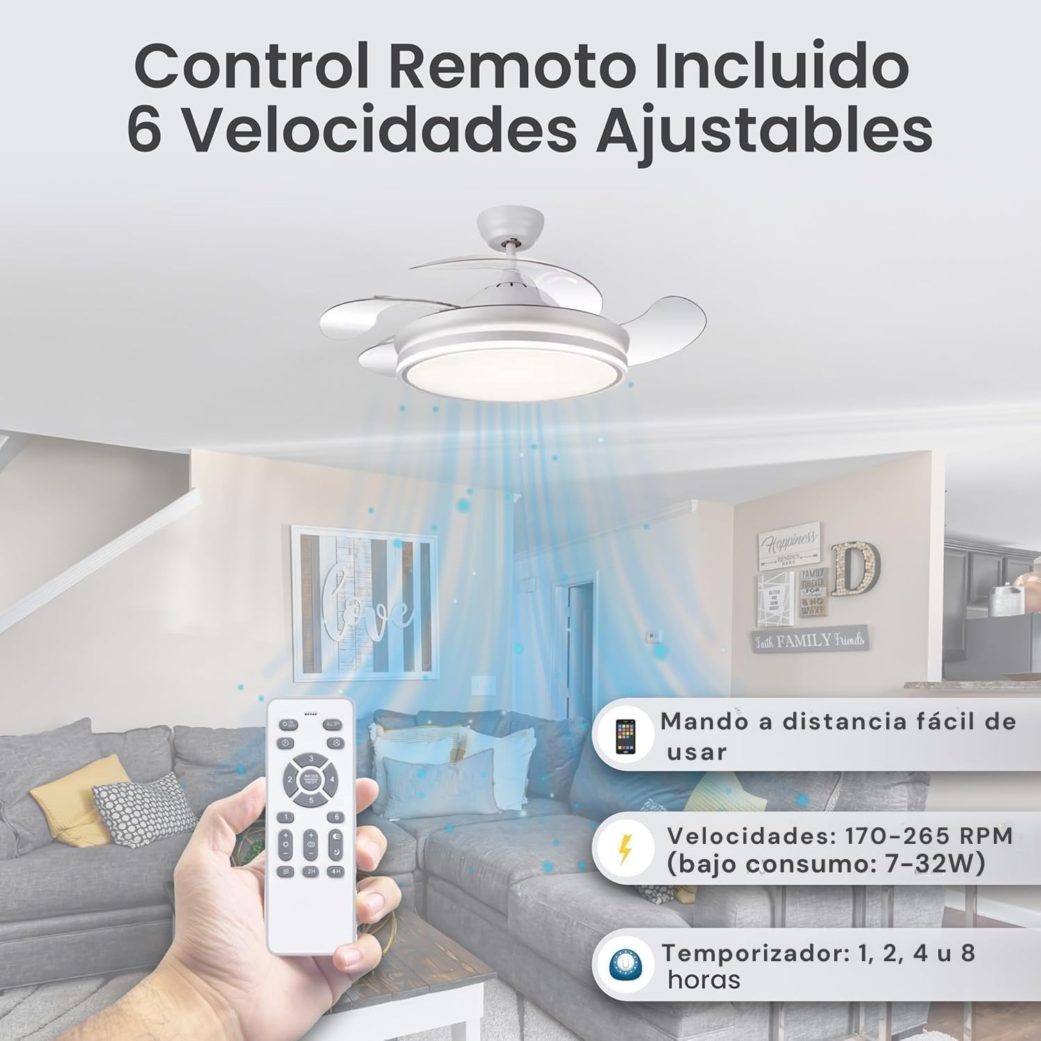 LUMIKING Ventilador de Techo con Luz LED 72W – Motor DC Silencioso – Aspas Retráctiles – 6 Velocidades, Luz Cálida, Día y Fría (3000K-6500K) – Temporizador – Ø109 cm, Mando Incluido