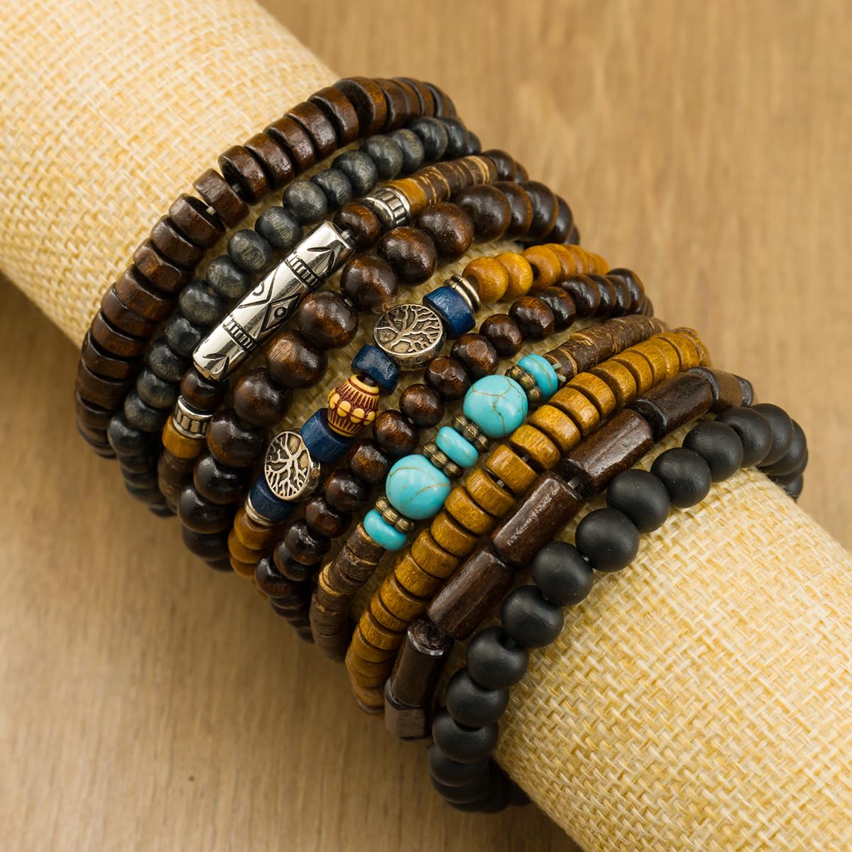 Ensemble de 10 Bracelets bohèmes en Perles pour Hommes et Femmes, Style Punk, en Bois. Bijoux symboliques.