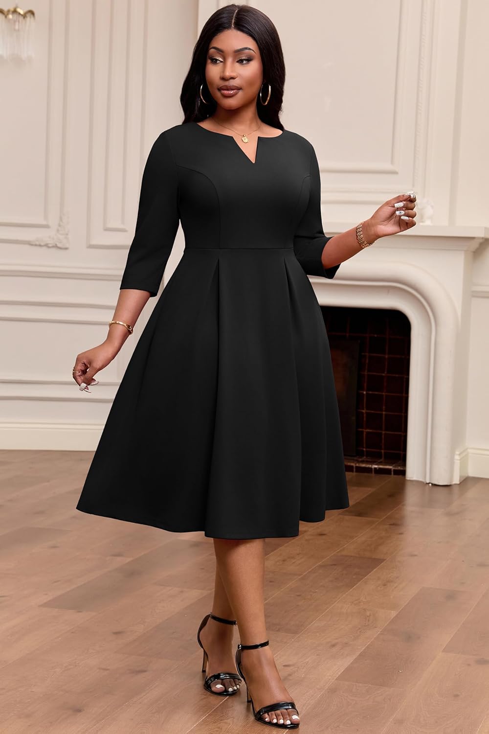 Nmoder Midi Dresses for Women - Semi Formal Fit and Flare 3/4 Sleeve V Neck A-Line Cocktail Church Work Dress with Pockets - Image 4