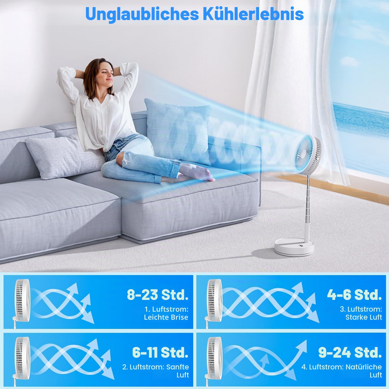 LIPETY Tragbarer Faltbarer Oszillierend Ventilator - 8,6" 8000mAh Akku Aufladbar USB C Klein Tischventilator mit Fernbedienung Leise Standventilator Table Fan für Hause Zimmer Büro Reisen Camping