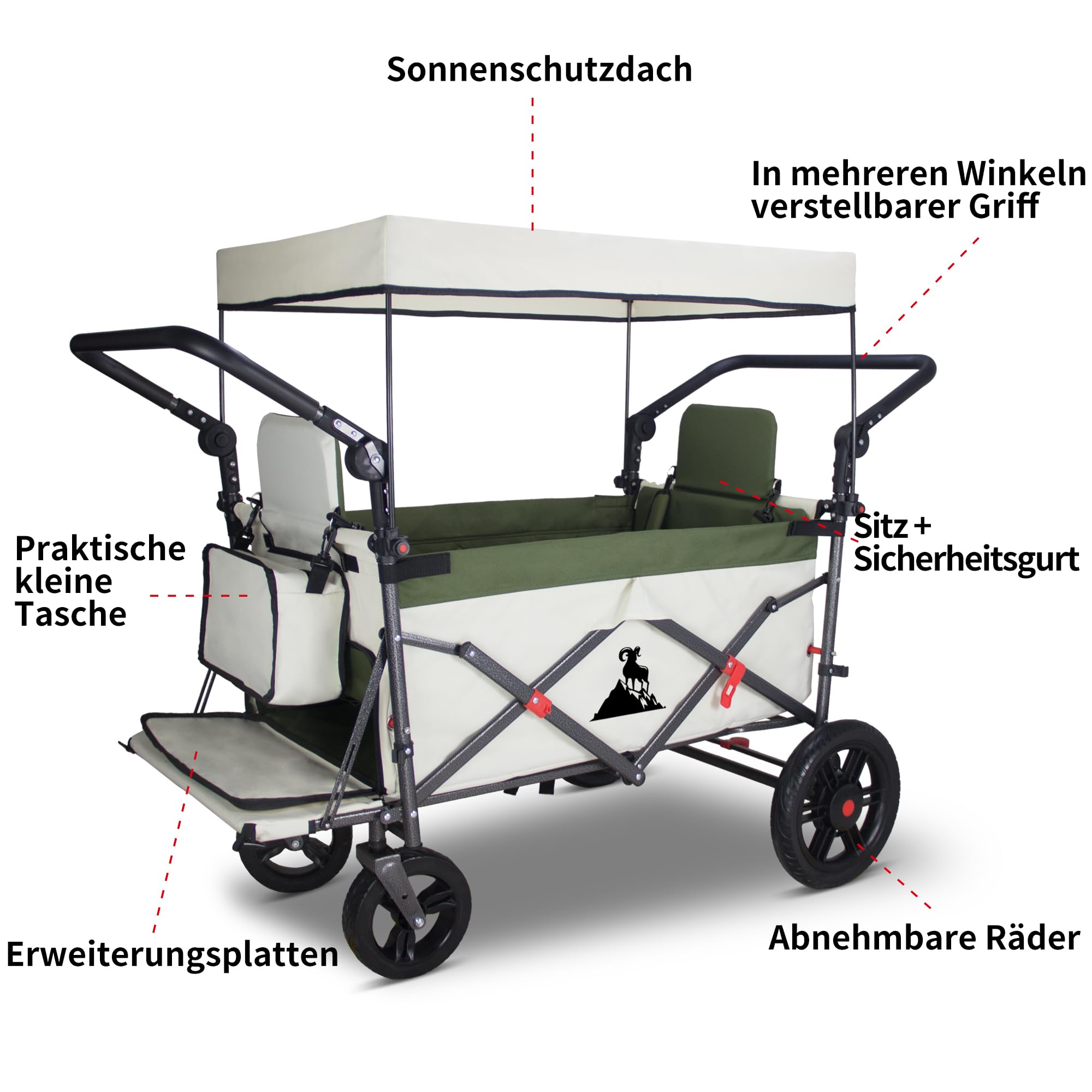 Carro plegable con techo y frenos, carro de transporte, plegable, ruedas sólidas de poliuretano, capacidad de carga de hasta 120 kg (verde/beige)