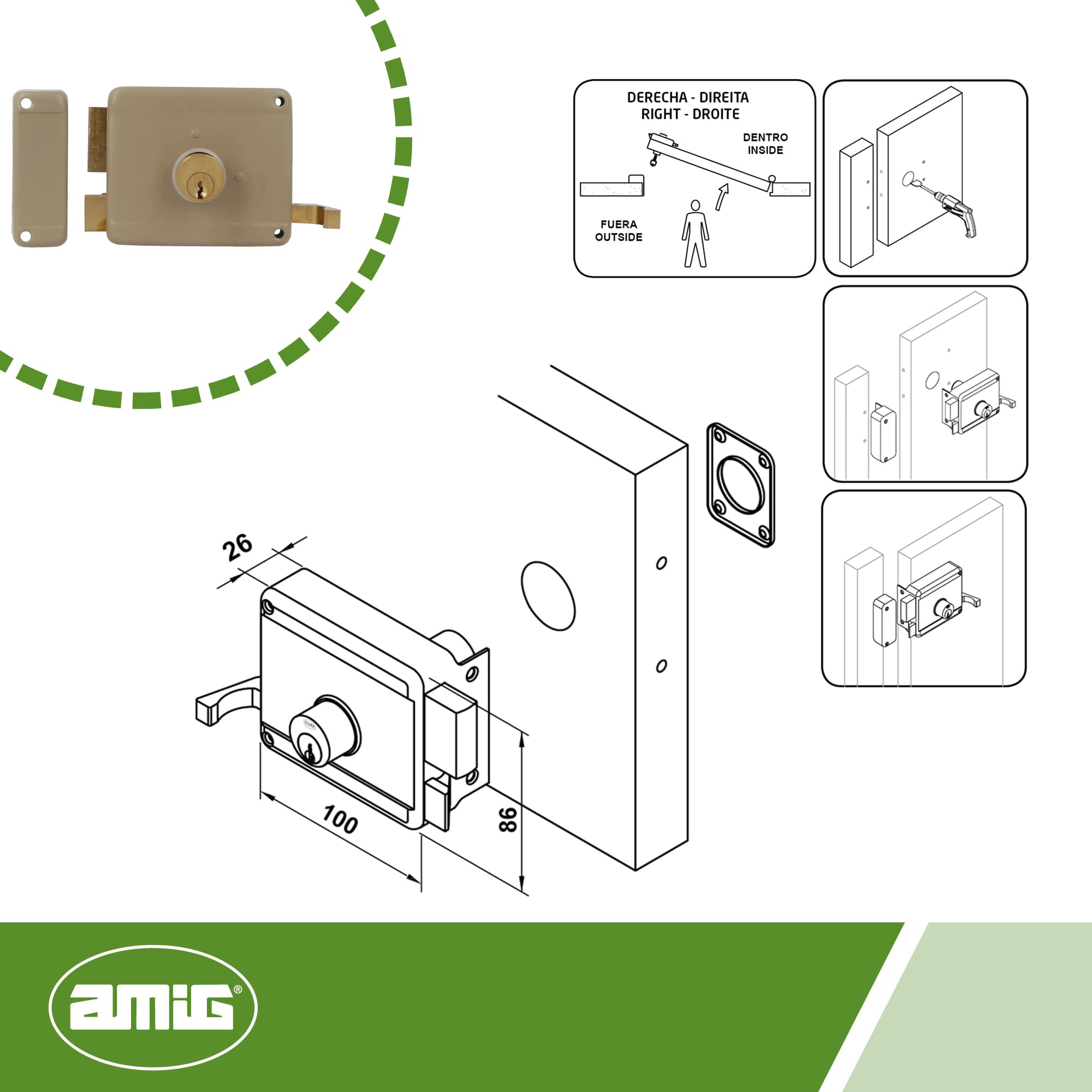 Amig - Serratura a Soprapponere Destra con leva di Chiusura, Linguetta e Maniglia per Porte in Legno Mod. 78 | 120 x 85 mm | Chiavistello con Cilindro Rotondo a Dente di Sega | Acciaio Beige