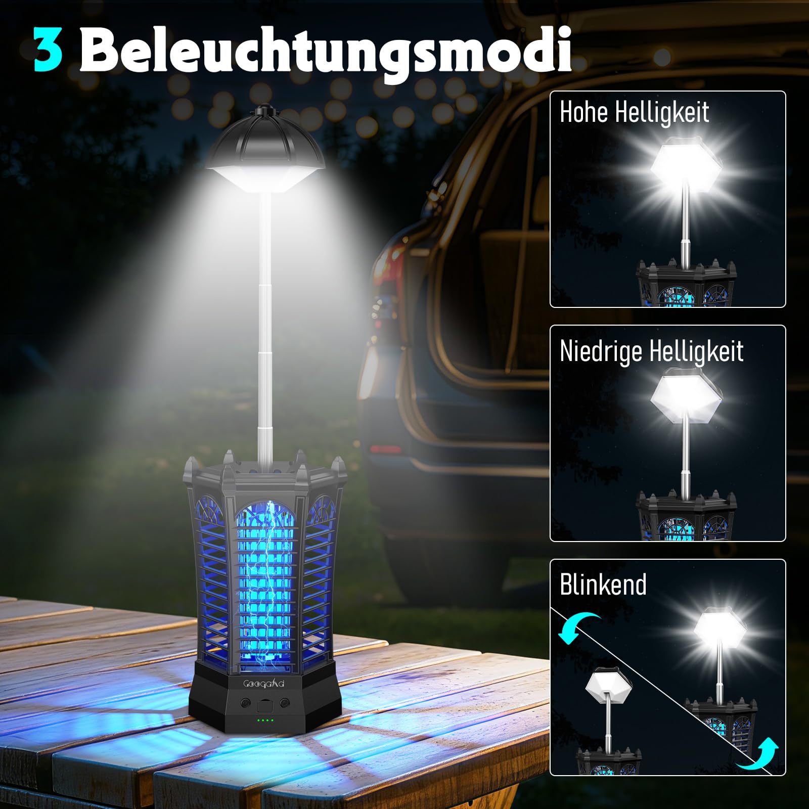 Insektenvernichter Elektrisch mit LED-Beleuchtung, Mückenfalle mottenfalle für Innen Außen 4000mAh Akku, IPX4 wasserdicht, Sicher, ungiftig & Geruchsneutral,Schlafzimmer,Küche,Wohnzimmer