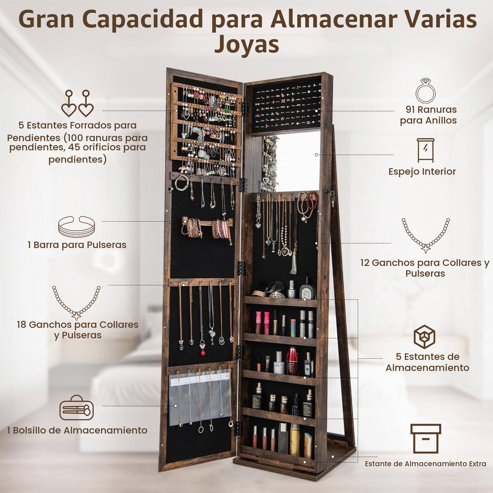 HOMASIS Armario joyero de pie, Armario para joyas con espejo de cuerpo entero y espejo de maquillaje integrado, Espejo vertical giratorio con cerradura y 2 llaves y escalera, 38x37x157cm (Marrón)