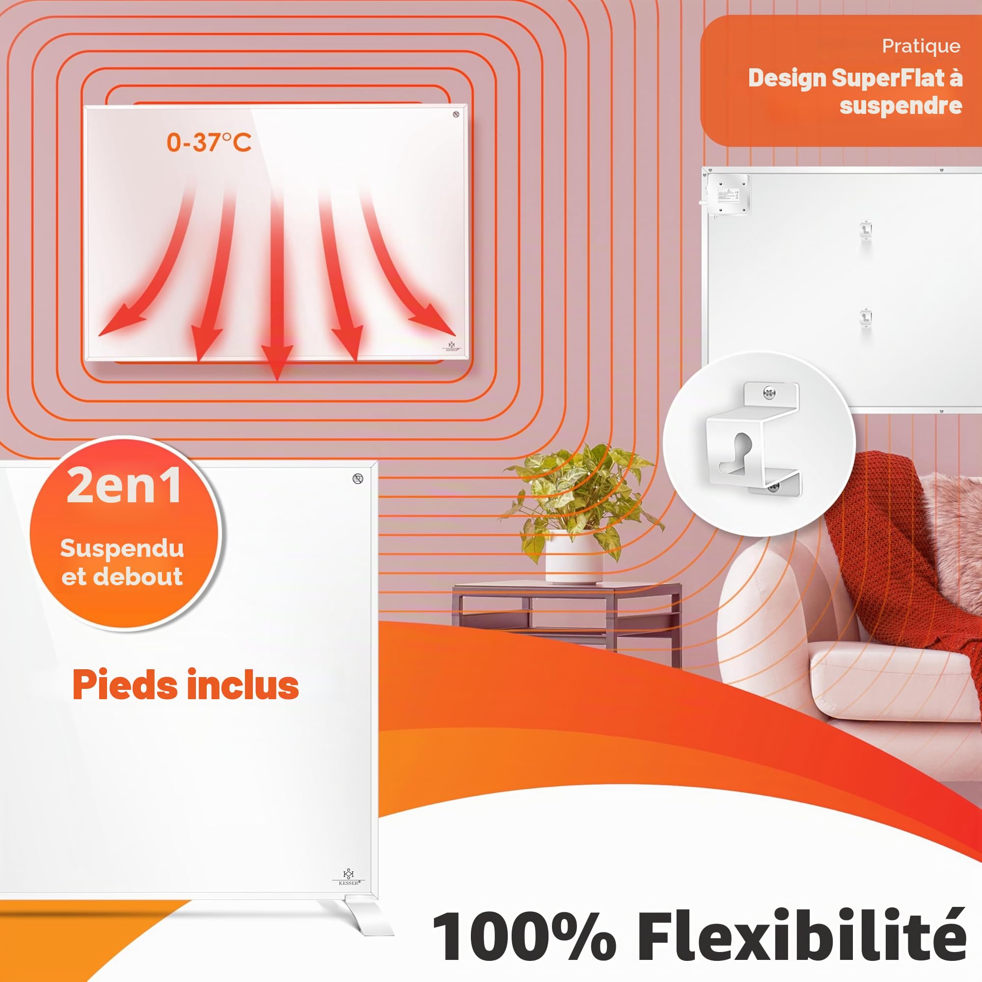 KESSER® Chauffage infrarouge à économie d'énergie - Appareil sur pied et montage mural - Chauffage électrique - 550W - Avec télécommande - Thermostat et commande d'application - Panneau chauffant