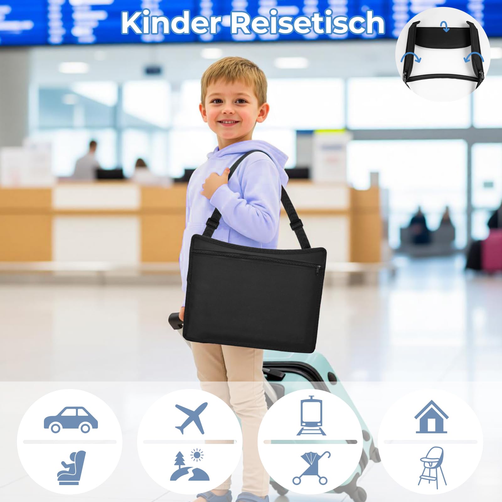 INFANZIA Tavolo da viaggio per bambini – Vassoio da ginocchio con tavola da disegno, vassoio per snack, sedile posteriore per auto, aereo, treno, viaggi, supporto, organizer pieghevole (nero 2 seat)