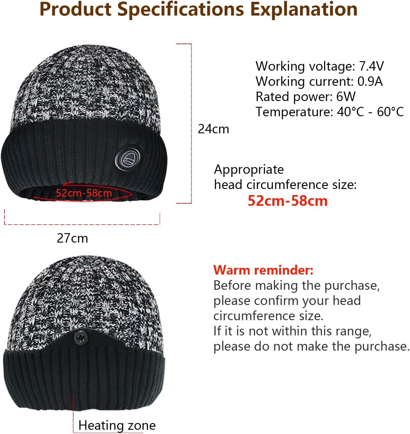 Electric Heated Beanie Hat Cap with Rechargeable 7.4V Long-Lasting Battery Warm Winter Anti-Freeze Outdoor for Men Women