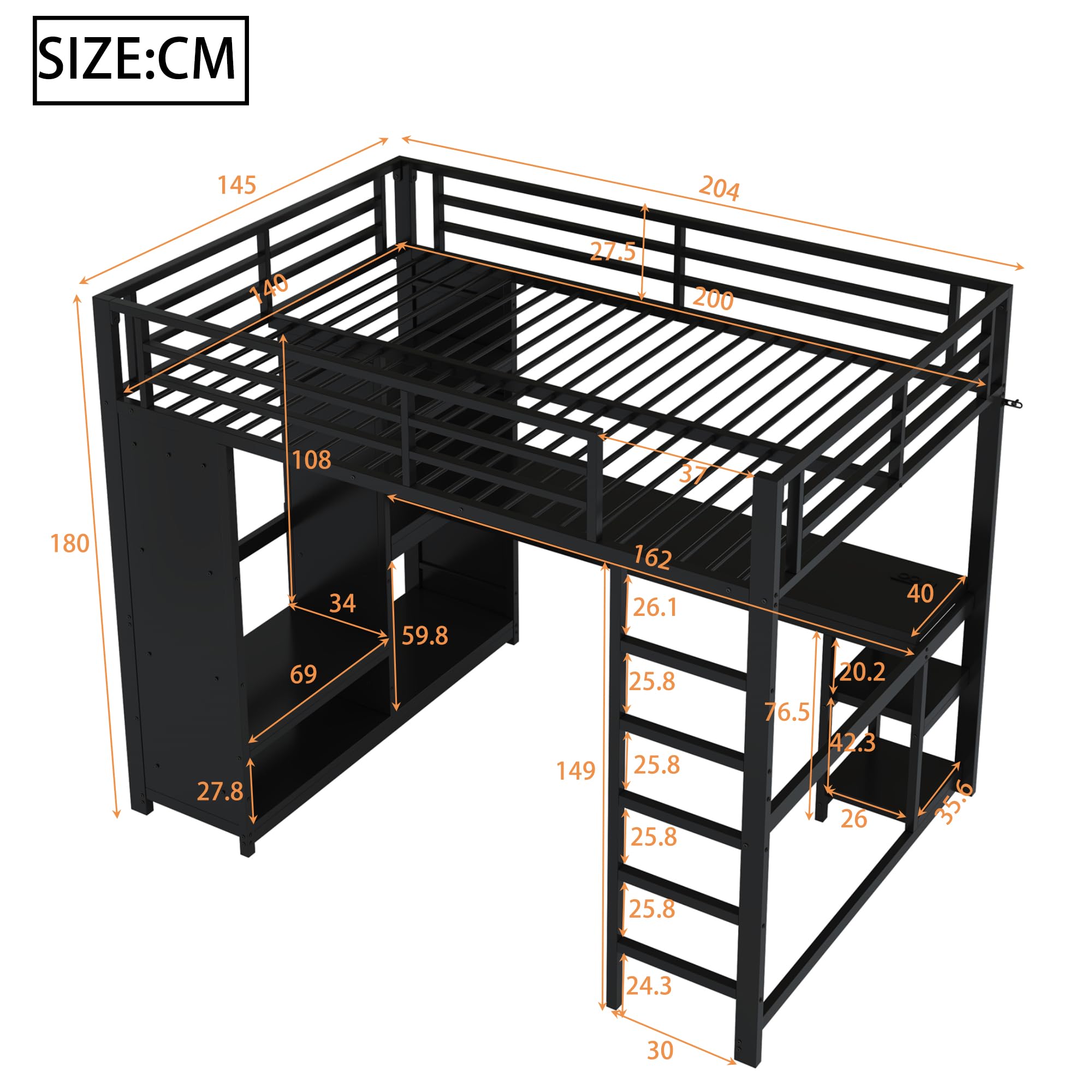 Letto a Soppalco LED in metallo 140x200 con Scrivania, Armadio Aperto e Vani Portaoggetti, Struttura in Ferro, Lettino da gioco per Adolescenti e Adulti (Senza Materasso)