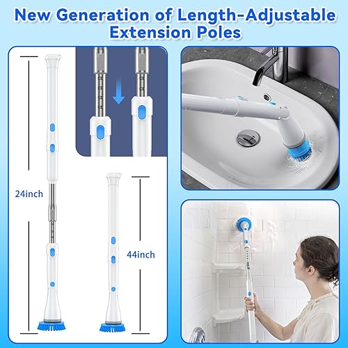 Miniatura 5 de Limpiador eléctrico giratorio, cepillo de limpieza inalámbrico con 7 cabezales de cepillo reemplazables, 2 ángulos ajustables y mango de extensión