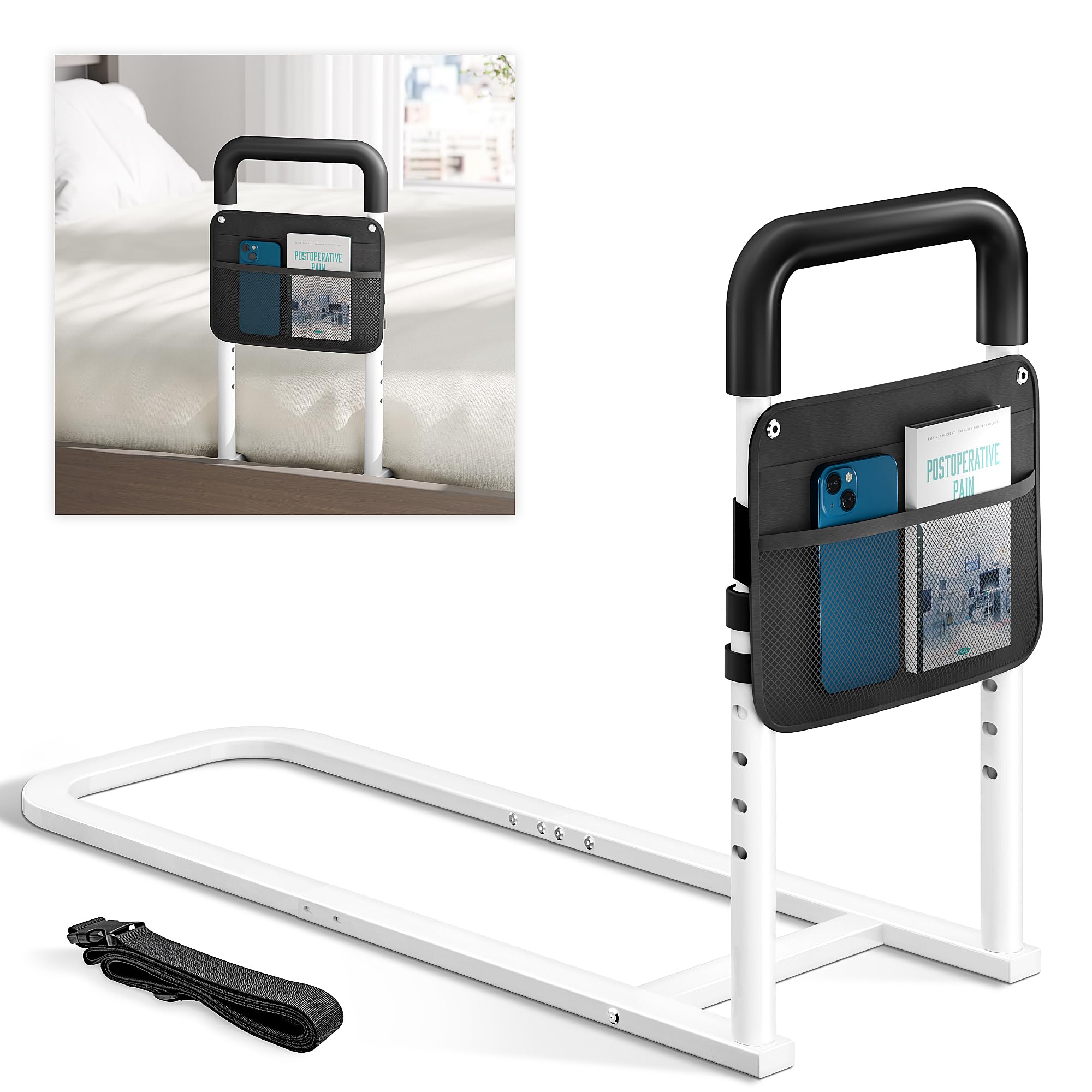 Bed Rails for Elderly Adults Safety - Adjustable Flat-Tube Design Bedrail for seniors with Storage Pocket and Non-Slip