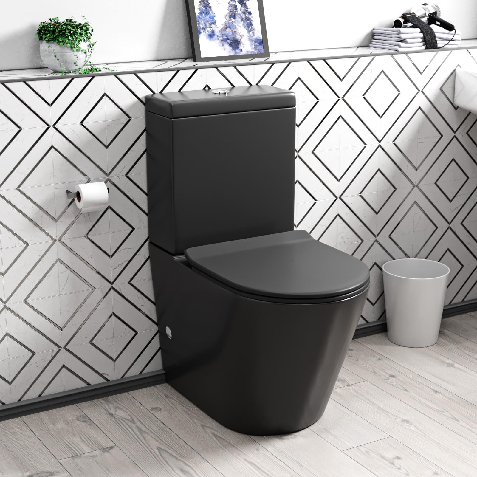 Nes Home Rimless Round Close-Coupled Toilet With Matte Black Cistern & Soft-Close Seat, 3/6L Dual Flush