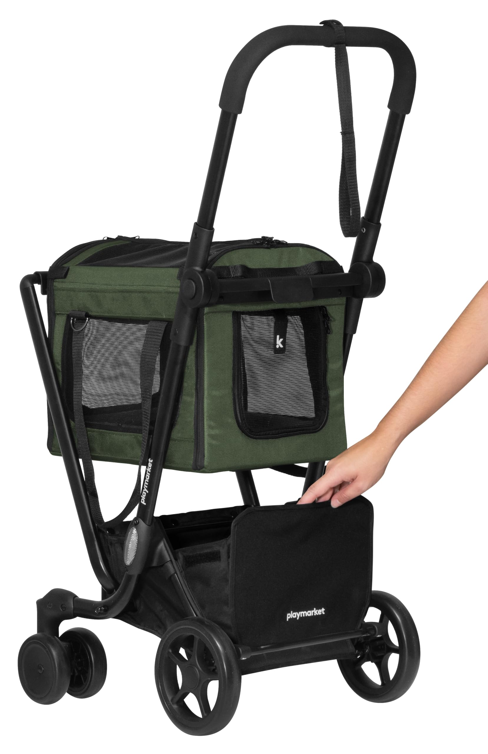PLAYMARKET Easy go PETS Carrito para Perros 2 en 1, Bolsa de Transporte Plegable con Ventanas de Malla y Aperturas de Ventilación, Hasta 30 kg (mascota max. 6 Kg) - Color Olive (Oliva)