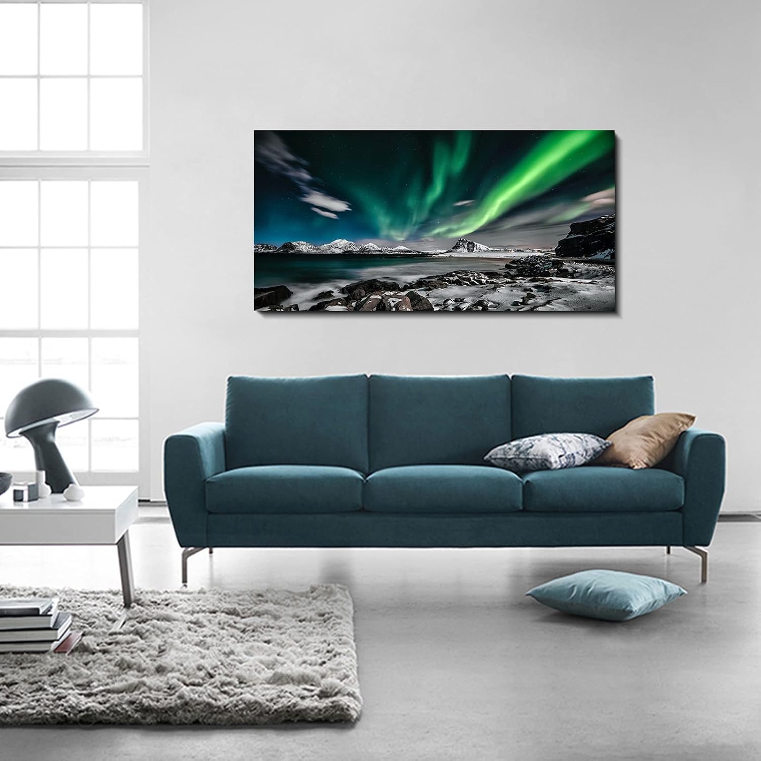 Northern Lights Canvas Print Large Green Picture Aurora Borealis Canvas Wall Art Painting for Living Room SnowyMountainsLandscape Poster Picture Wooden Framed Prints Ready to Hang image 3