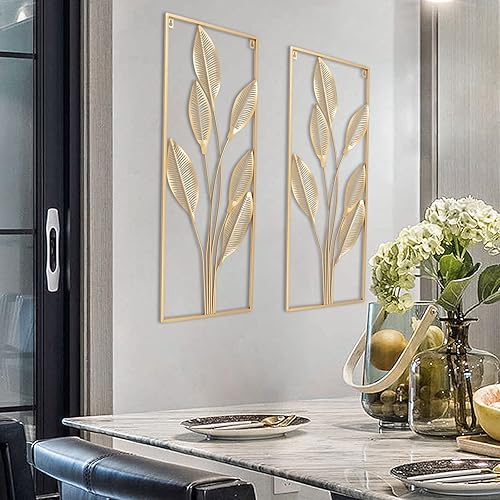 Miniatura 4 de 2 piezas de decoración de pared dorada con hojas doradas, decoración para colgar en la pared, diseño hueco, adornos de pared de metal de hierro