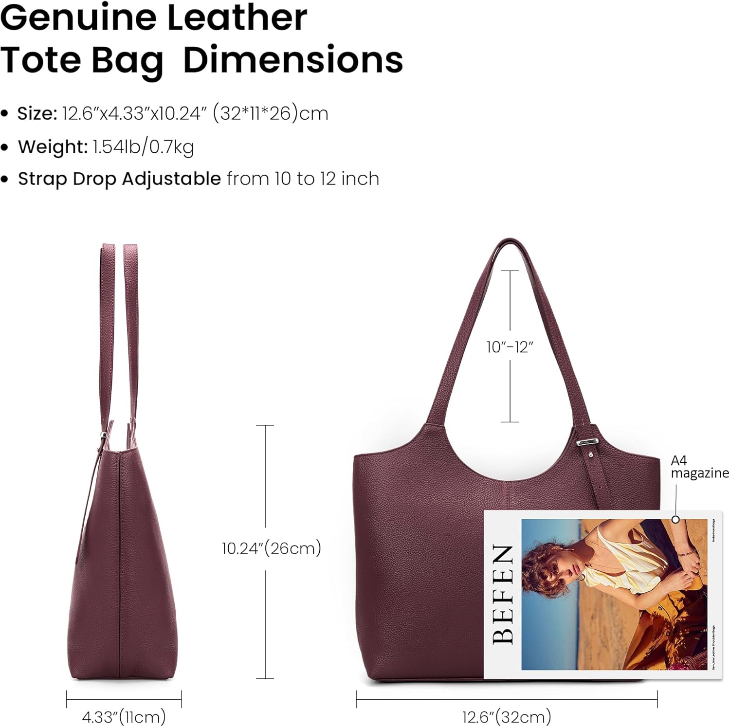 befen Genuine Leather Tote Bags for Women, Real Leather Shoulder Handbags Satchel Purses with Adjustable Strap - Image 5