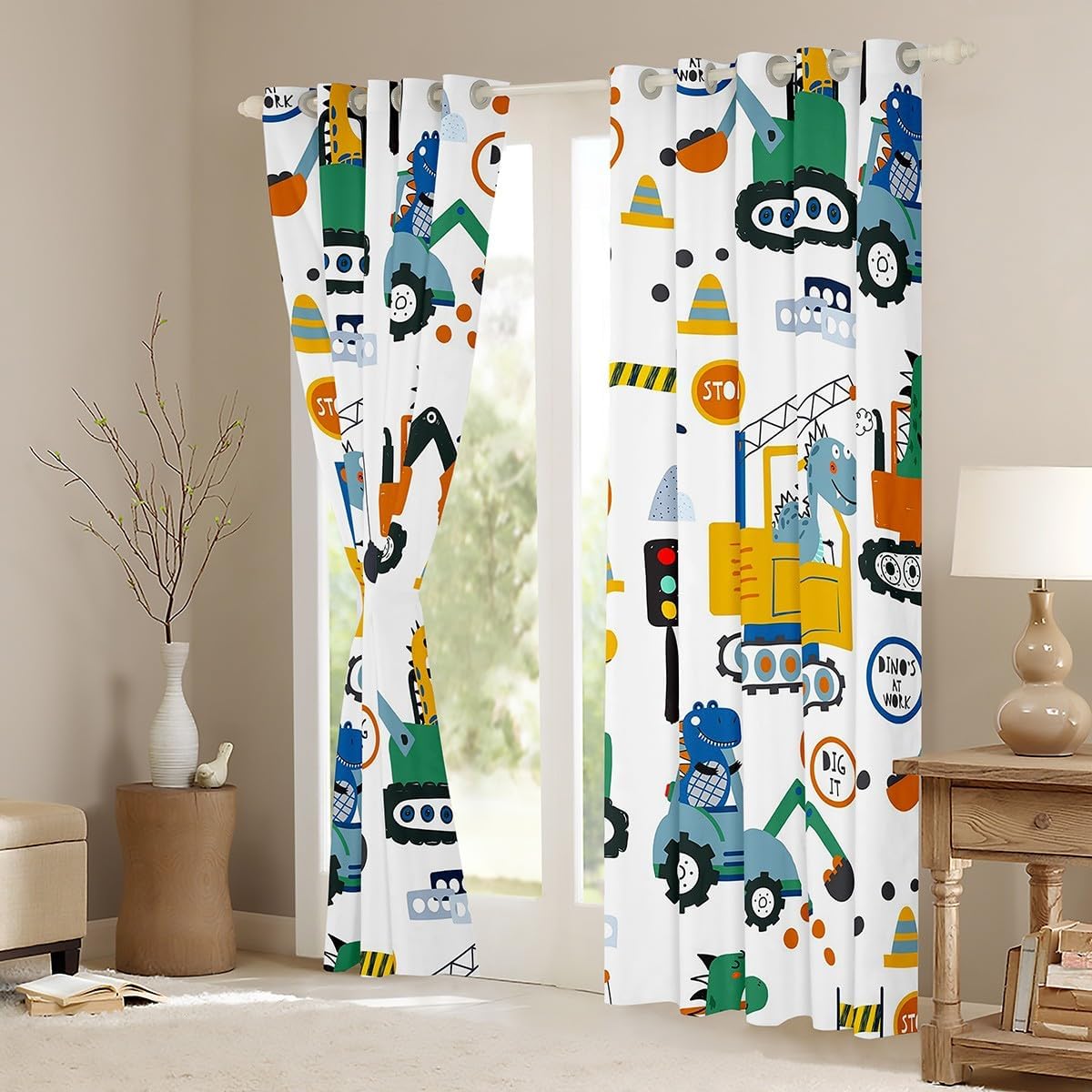 Erosebridal Dinosaur Excavator Blackout Curtains for Bedroom 2 Panels 42" Wx63 L,Cartoon Dino Construction Truck Curtains Car Vehicle Tractor Curtains & Drapes,Cute Animal Curtains Kawaii Room Decor