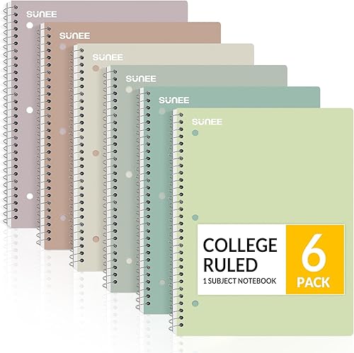 SUNEE Cuadernos en espiral, paquete de 6, 1 materia, papel rayado universitario, 8 x 10-12 pulgadas, 70 hojas por cuaderno, cuadernos en espiral de