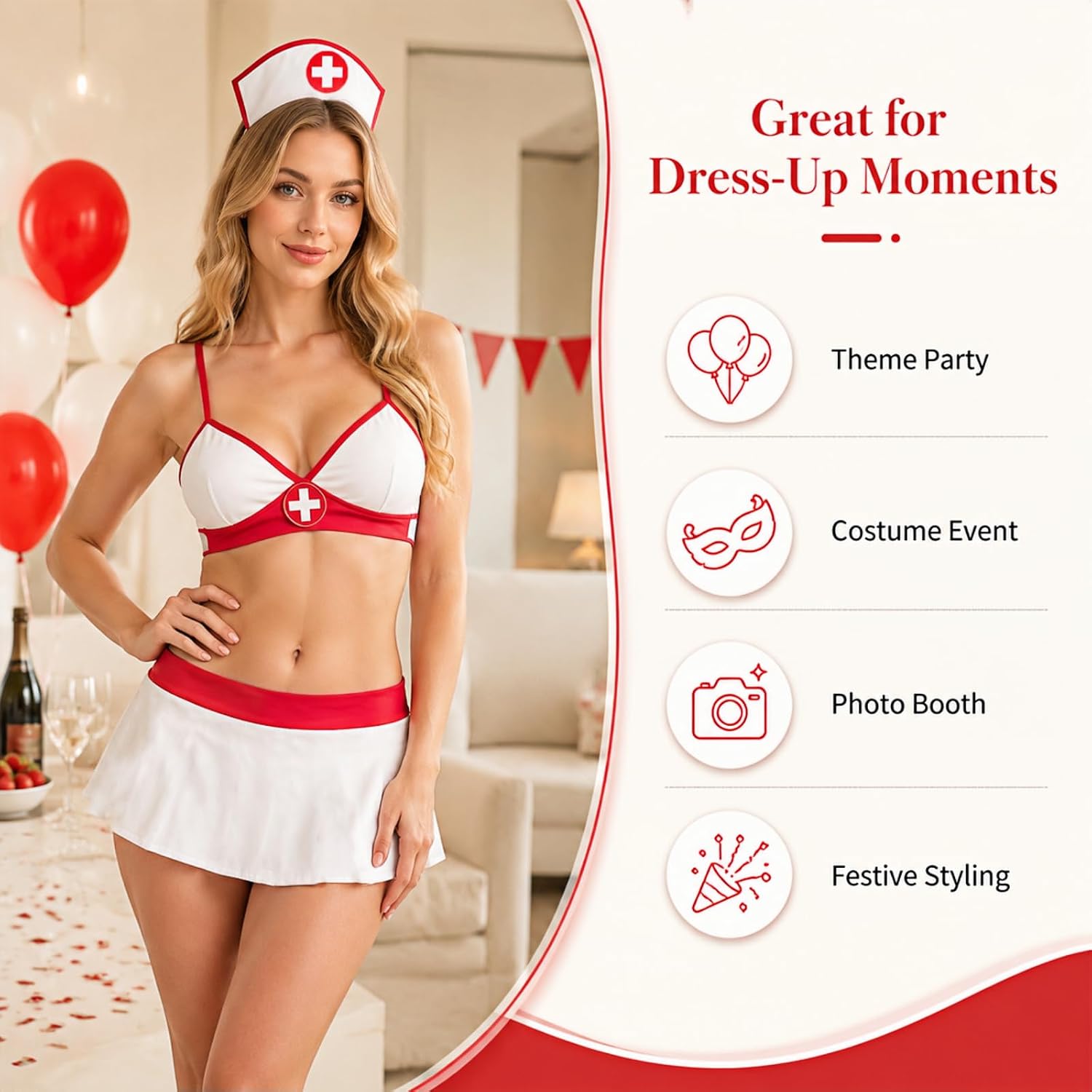Naughty Nurse Uniform Sling Sheer Lingerie Set Halloween Dress Socks Sexy Outfit, Charming Clothing Roleplay Lingerie (White and Red)