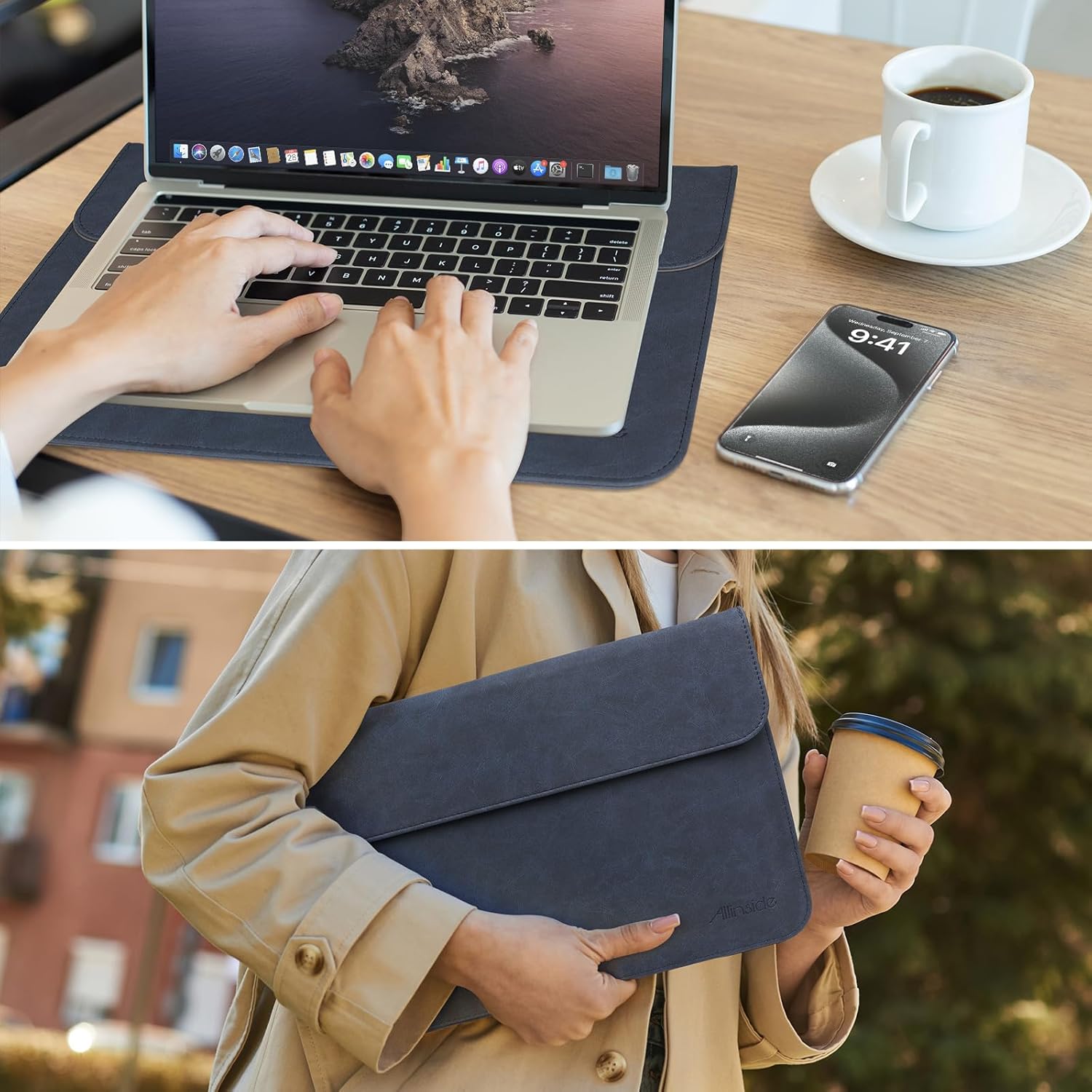 Allinside 13 Inch Laptop Sleeve Case for MacBook Air 13 2018-2025/MacBook Pro 13 2016-2022/Macbook Pro 14 2021-2024, Waterproof Matte PU Leather Horizontal Envelope Protective Case Cover, Navy Blue - Image 6