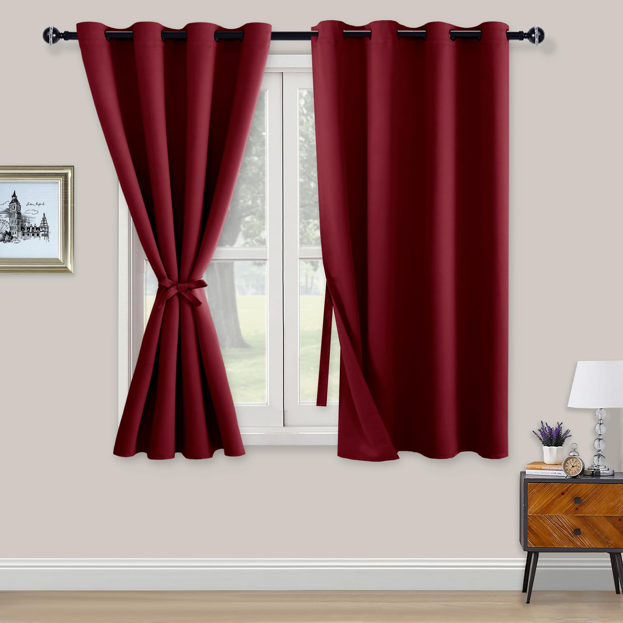 XWZO Blackout Curtains Shades Window Curtain Panels with Tiebacks- Noise Reduction and Thermal Insulated Eyelet Curtains for Bedroom,Living Room,Office,Study Room Burgundy W52xL54