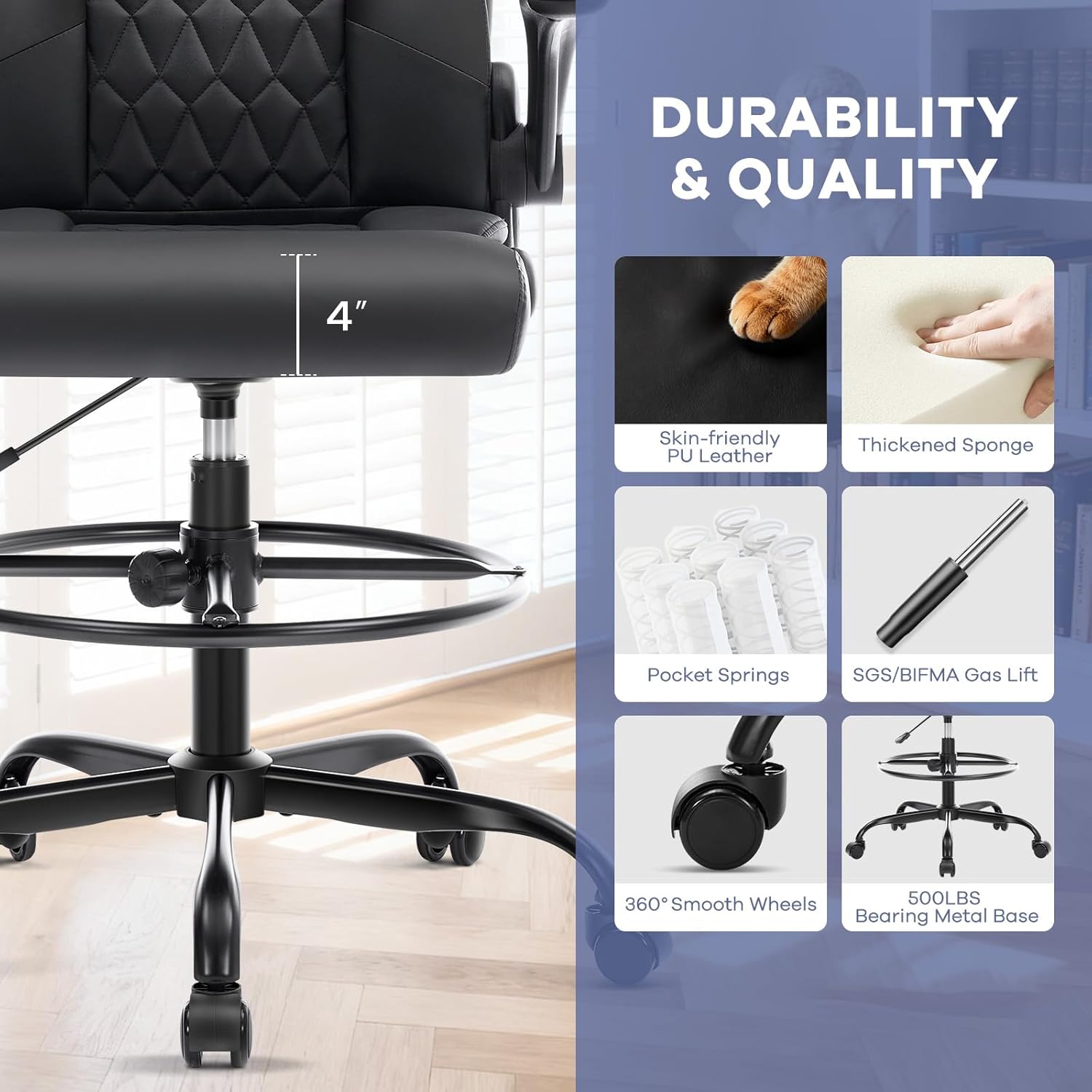 Leather Drafting Chair, Tall Office Chair for Standing Desk, High Executive Office Chair with Inflatable Lumbar Support,Adjustable Height,Flip-up Armres and Foot Ring Studio Chair Black