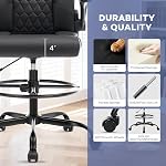 Leather Drafting Chair,Tall Office Chair for Standing Desk,Black | Inflatable Lumbar Support,27.5"-35.5"Adjustable Height,Foot Ring,Flip-up Armrests,High Executive Chair Counter Studio Chair