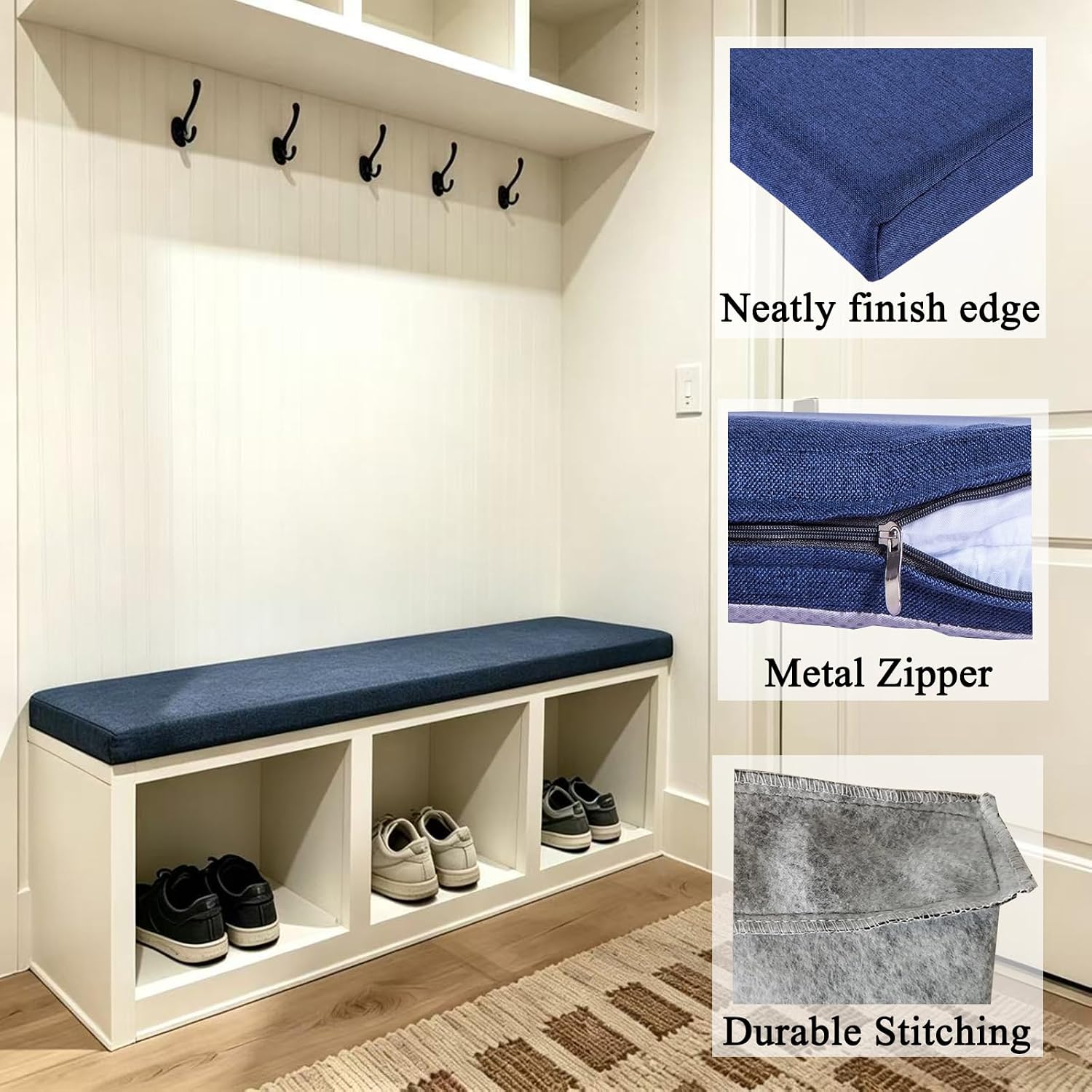44 x 14 Inch Piano Bench Cushion for Indoor Shoe Storage with Ties Non Slip Picnic Bench Pad for Kitchen Dining Table Seat, Navy Blue