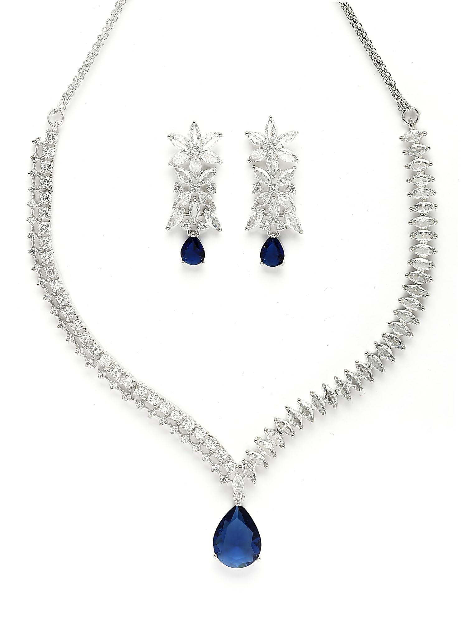 Elegant Silver Plated Blue American Diamond Necklace Set for Women