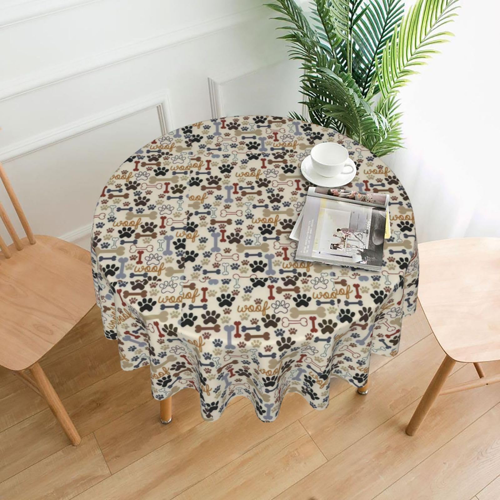 OKFSTY Dog Bones Paw Print Round Tablecloth 60in for Wedding Elegant Polyester Cover for Party Reception Festive Dinner