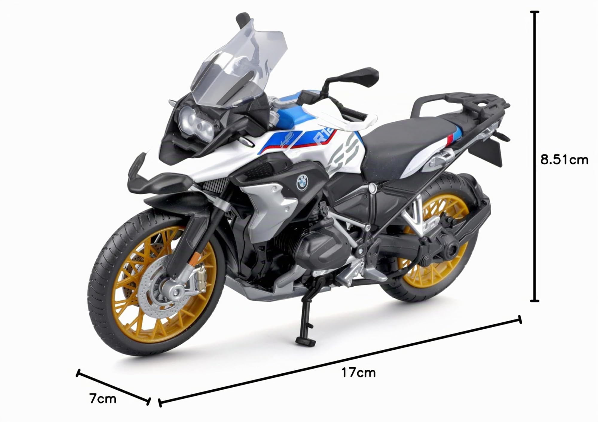 Maisto koenig-tom BMW R1250GS: modello moto in scala 1:12, con sospensioni e cavalletto laterale pieghevole, 17 cm, blu-bianco (5-20100), medio
